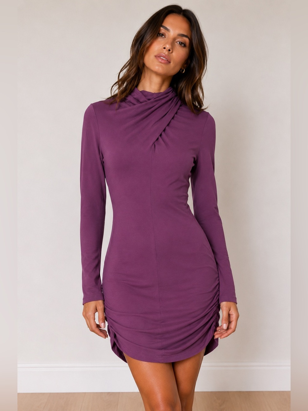 Susana Monaco Grape Jam Ruched Mock Neck Bodycon Mini Dress NWT M